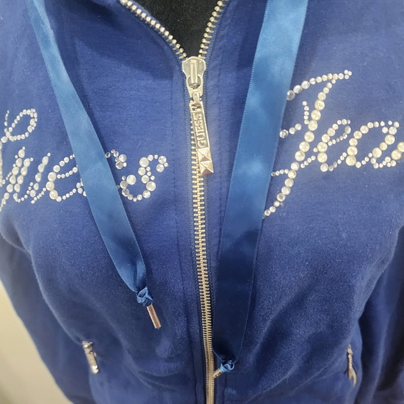 [ Guess Jeans]Royal blue,CUTEST, ZIP UP, HOODED JACKET W/ LACE TIES & RHINESTONE - Picture 12 of 16